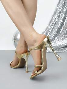 女士时尚方头细高跟凉鞋 - 金色 - 查看 6