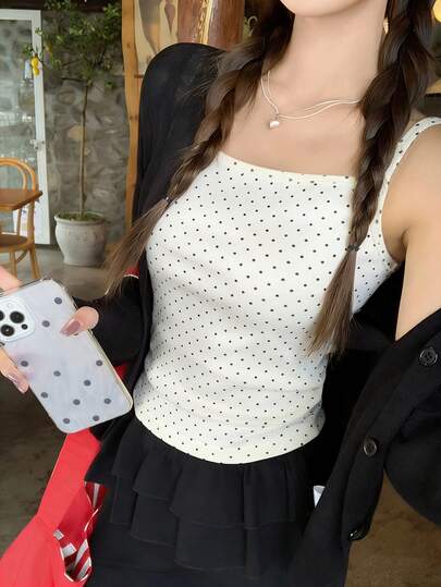 韩版可爱波点荷叶边短款吊带背心，可作内搭或外穿，休闲白色夏季款