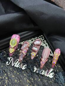 10pcs Handmade Fully Covered Stiletto Nails Press On Nails, Purple Nails, 3D Gem&Rhinestone Decor, Y2K Retro Baroque Style, Four Sizes To Choose From, Removable False Nails For Party, Daily Wear & Cosplay, With Jelly Glue And Nail File - Purple - View 4