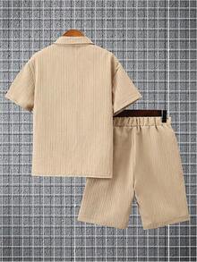 Boys 2 Piece Textured Linen Outfit Summer Short Sleeve Button Down Shirt & Shorts Set Beach Vacation Casual Clothes - Màu be - Xem 2