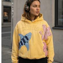 Women Y2K Pullover Hoodie Oversized Yellow Sweatshirt 3D Floral Shark Applique Letter Embroidery Patchwork Casual  Streetwear Fall Outerwear - 黃色 - 查看 8