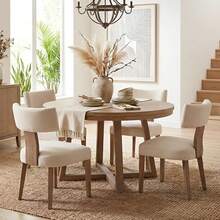 HNY Mid Modern Dining Chairs Set Of 4, Farmhouse Linen Fabric Upholstered Accent Curved Backrest Kitchen Chairs, With Hardwood Frame, Beige - 指甲頭米色 - 查看 3