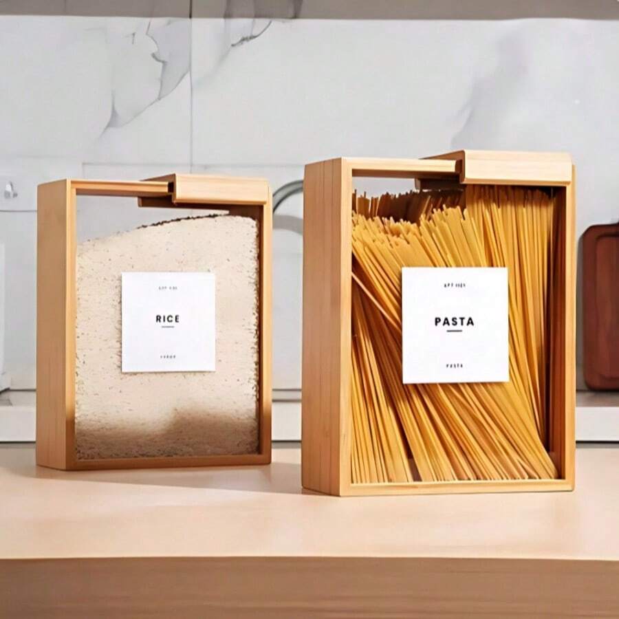 竹製壓克力密封食品儲存容器，透明蓋密封穀物儲存桶，可重複使用耐用廚房收納盒，適用於米、義大利麵、穀片、零食，現代廚房配件 - 彩色 - 查看 1