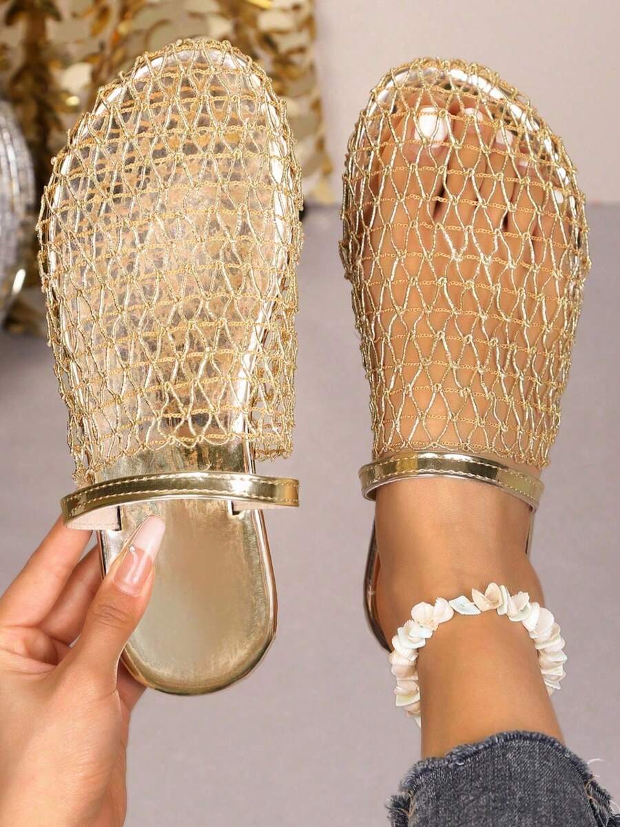 Bestselling Bohemian Style Woven + Luxury Mesh Flip Flops, Closed Toe & Closed Toe Dual Design, Soft Sole Comfortable Holiday Sandals For Women - Gold - View 1