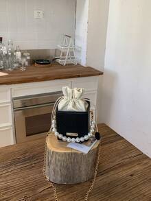 Bolso de mano de acrílico con perlas y cordón ondulado, bolsa de cordón de moda - Negro - Ver 9