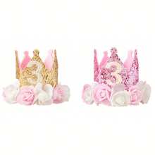 Couronne d'anniversaire de princesse pour filles, couronne rose et or pailletée avec fleurs, bandeau pour 1er, 2ème, 3ème, 4ème, 5ème anniversaire de bébé et tout-petit, fournitures pour fête d'anniversaire - Multicolore - Voir 19