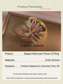 jealous young 1pc Elegant Multi-Color Cubic Zirconia Floral Design Women's Wedding Ring, Fashionable Jewelry For Daily, Commute, Vacation - Multicolor - View 3