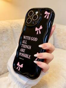 1pc Creative Pink Bow Slogan Wavy Shaped Screen Edge Protective Phone Case Compatible With Apple 7/8/X/XR/XSMAX/11/12/13/14/15/16/17 Pro Max, A14/A15/A16/A17/A04/A05/A06/A07/A54/A55/A56/A57/A34/A35A/36/A37/S26/S26Plus/S26Ultra, Transsion SMART7/8/9/10 - Black - View 3
