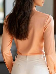 Women's Elegant Satin White Long Sleeve Blouse, Versatile Solid Color Top For Commuting, Classic Collar, Skin-Friendly Soft And Smooth Satin Fabric, Not See-Through, Machine Washable And Dry Cleanable, Suitable For Office, Casual And Formal Occasions, Spring/Summer/Autumn - Coral Orange - View 3