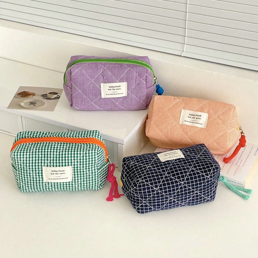 Retro Girl Colorblock Pencil Case, Large Capacity Portable Plaid Pencil Bag, Convenient Stationery Storage Pouch, Travel Toiletry Organizer, Fashion Student Essential, Unique Desktop Storage Bag