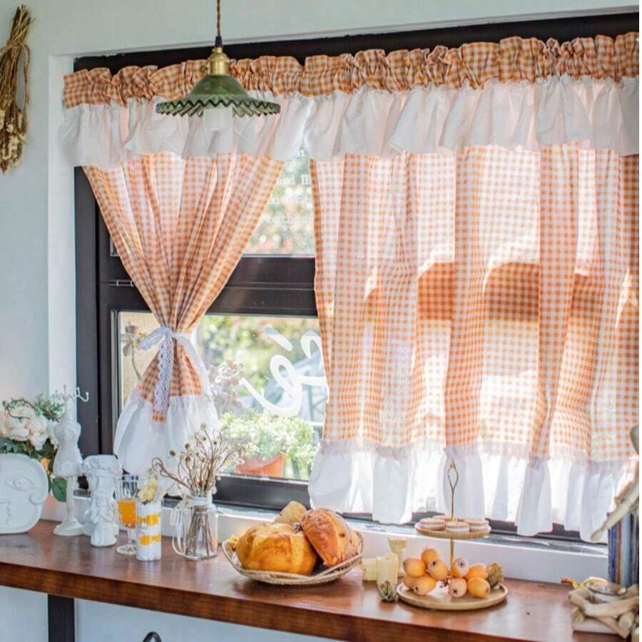 1pc Japanese Style Minimalist Gingham Ruffled Half Curtain, Kitchen/Cafe Sheer Curtain, Bathroom Door Curtain Partition - Orange - View 1
