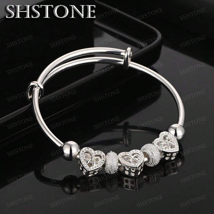 925纯银镀层可爱女士心形手镯，适合女士手链、婚礼派对首饰、节日礼物和设计师款吊坠 - 銀色 - 查看 1