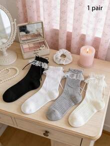 一双全新蕾丝边饰蝴蝶结芭蕾舞女风日式玛丽珍袜 - 彩色 - 查看 10
