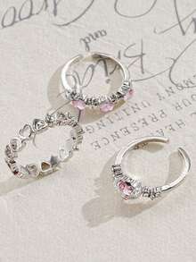 3件套甜美酷炫风火辣女孩镶嵌粉钻心形戒指套装 三件套女士个性化高端手部饰品 - 彩色 - 查看 3