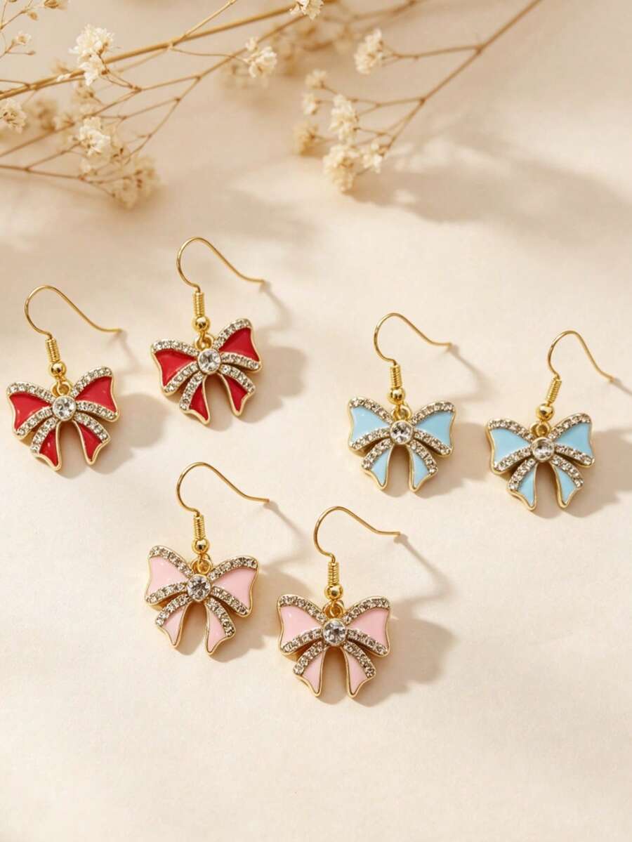 Bộ 2/6 món gồm bông tai và dây chuyền hình bướm đính đá màu đỏ, xanh dương, hồng dễ thương, thiết kế độc đáo, phù hợp để đeo hàng ngày, làm quà tặng Ngày của Mẹ, sinh nhật, năm mới, Giáng sinh. - Hoa tai nơ - Xem 1