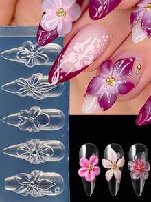1pc 3D Charming Spring Silicone Carving Mold, 5 Flower Pattern Embossed Mold, Stamping Plate For DIY Nail Art Gel, Nail Art Tools & Supplies - Multicolor - View 1