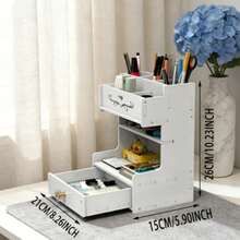 White Multifunctional Desktop Storage Rack, Space-Saving Desktop Organizer With Drawers And Tiered Shelves - Suitable For Home And Dorm Desk Storage - Rectangle - View 2