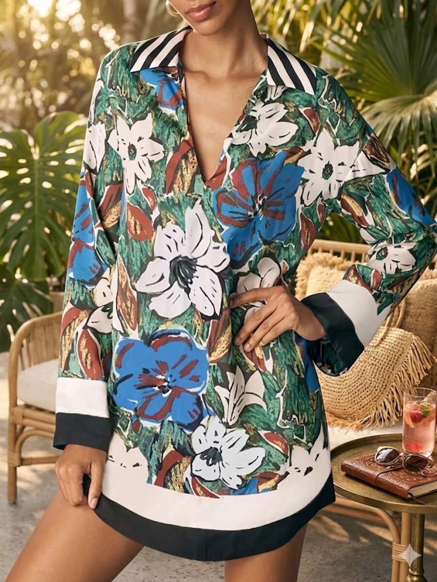 Women's Elegant Floral Print Loose Fit Dress With Turndown Collar, Suitable For Spring/Summer Outdoor, Vacation And Casual Wear - Multicolor - View 1