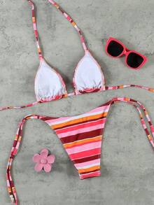 Nouveau bikini d'été à la mode à rayures et dos nu, ensemble de maillot de bain élégant pour femmes. Tenue de plage décontractée, convient pour les fêtes de plage d'été, les vacances printanières, les sorties romantiques. Design unique, style bohème, idéal pour les voyages et les loisirs quotidiens. - Multicolore - Voir 2