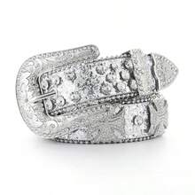 1 PC Western Engraved Rhinestone Buckle Belt, Full Crystal Glitter Waistband, Unisex Fashion Accessory For Jeans Outfits - 銀色 - 查看 1