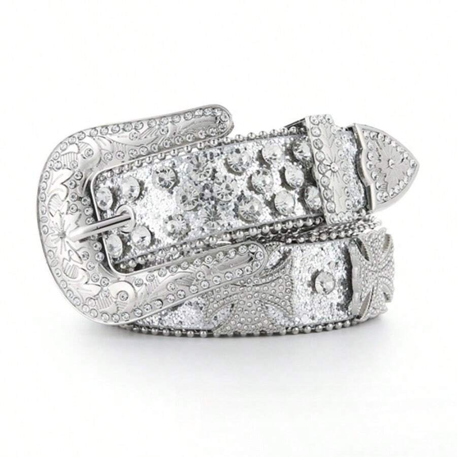 1 PC Western Engraved Rhinestone Buckle Belt, Full Crystal Glitter Waistband, Unisex Fashion Accessory For Jeans Outfits - 銀色 - 查看 1