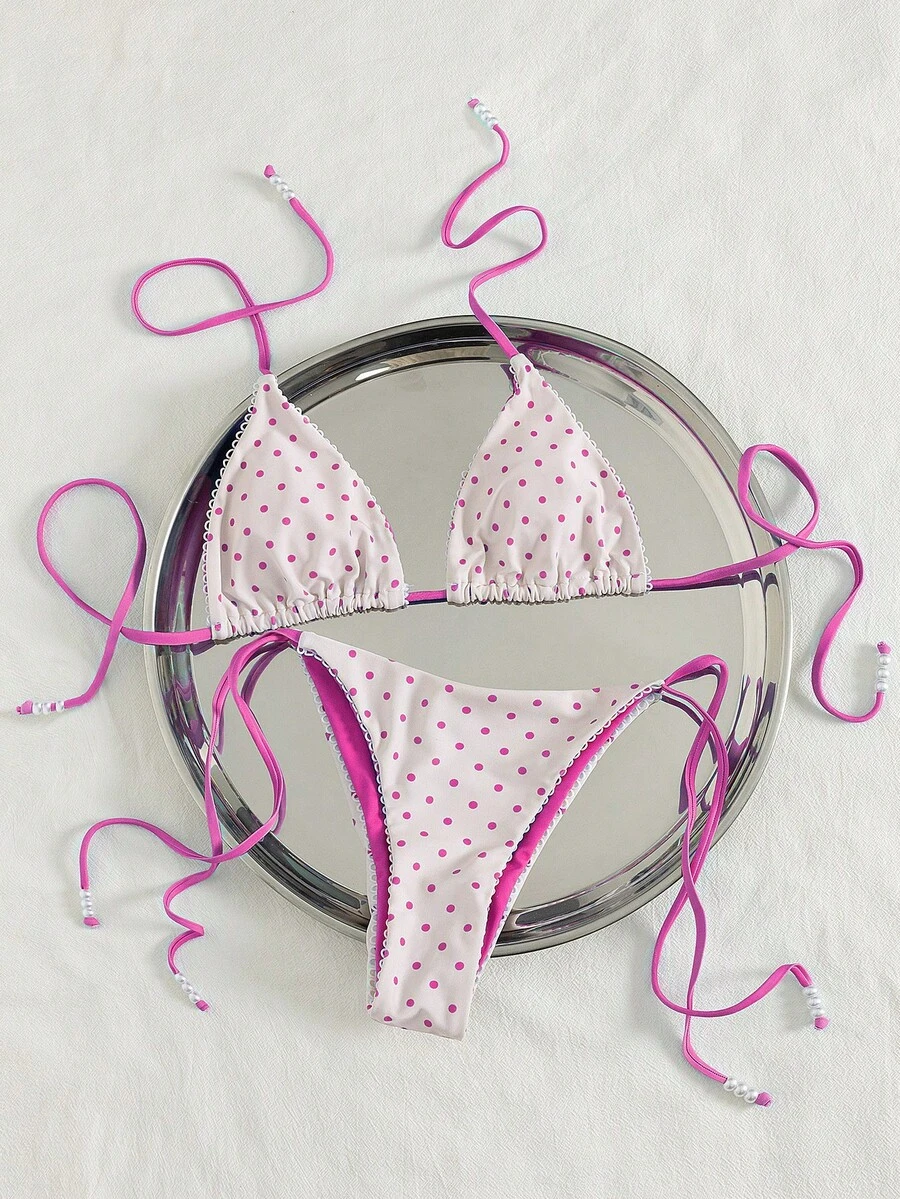 Bộ bikini nữ mới, thích hợp cho lễ hội âm nhạc, bãi biển, chấm bi, viền ren, đính hạt, kiểu dây buộc cổ hai bên, lót trong, gợi cảm, tối giản, lãng mạn, thường ngày, dự tiệc, kỳ nghỉ, thời trang mùa hè cho nữ, đi nghỉ mát. - Màu Hồng Tươi - Xem 1