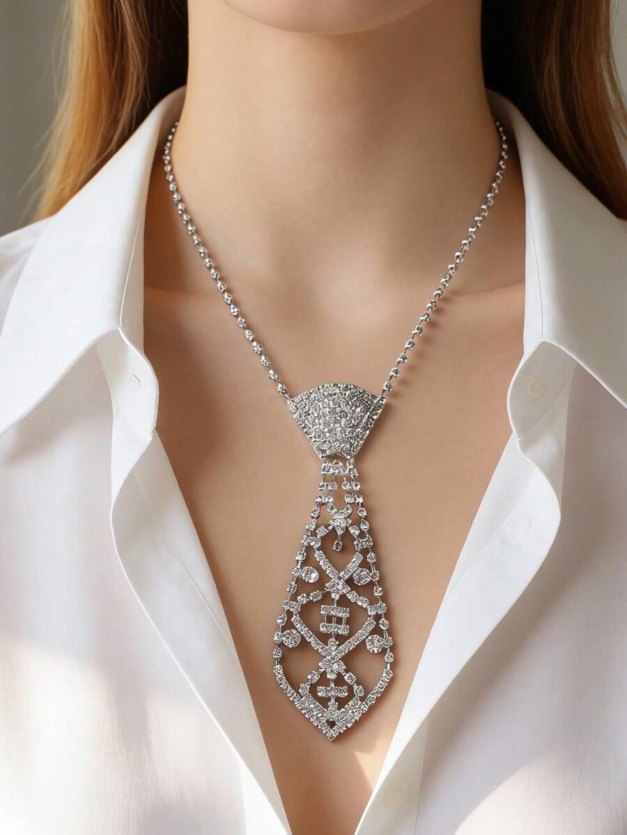 1pc Rhinestone Tie Necklace, Bridal Dress Accessory, Arrow-Shaped Unisex Summer Fashion Tie - Silver - View 1