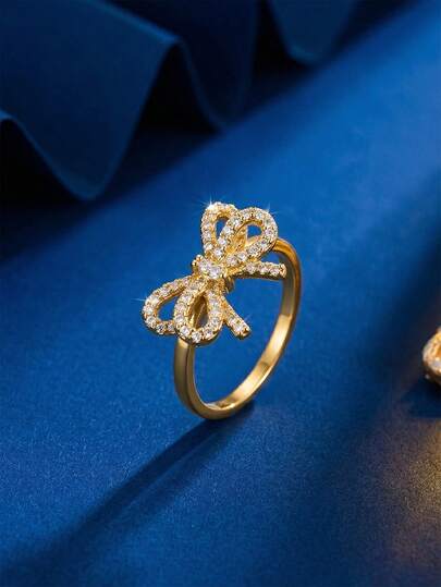 1pc Copper Inlaid Cubic Zirconia Bow Tie Ring, Sweet Girl Style Open Ring, Elegant Commute & Date Ring, Gift For Girlfriend/Best Friend, Suitable For Daily Wear, Date, Sweet Girl Style, High-End Sophisticated Women's Jewelry