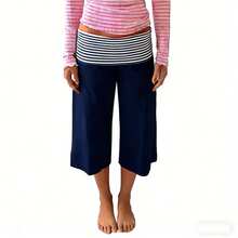 Women's Striped Fold Over Waist Capri Pants, High Waist Wide Leg Cropped Casual Pants, Y2K Retro Comfy Loungewear Daily Streetwear Bottoms For Ladies - 藏蓝色 - 查看 7