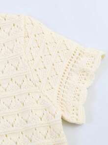 Solid Color Hollow Out Short Sleeve Knit Cardigan, Spring/Summer White - White - View 5