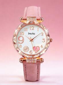 6pcs/Set Cute Pink Strap PU Leather Quartz Watch, Casual Heart Bracelet Jewelry Set, Suitable For Birthday Gift, - Pink - View 4