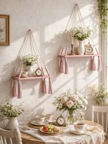 1/2pcs Boho Style Pink Tassel Wooden Wall Hanging Shelves, Decorative Floating Wall Mounted Storage Rack For Bedroom, Living Room, Suitable For Small Plants, Toys And Decorations, Woven Bohemian Style Wooden Wall Shelf With Wooden Beads, Rustic Floating Wall Shelf For Bedroom, Living Room, Dorm Decor - Pink - View 8