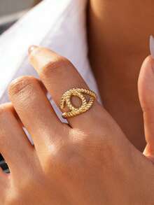 Uself 1pc 18K Gold Plated 304 Stainless Steel Twisted Rope Ring, Golden Textured Open Circle Design, Fashionable Personalized Ring, Suitable For Women's Daily, Party And Casual Wear, Great Gift Item - Multicolor - View 2