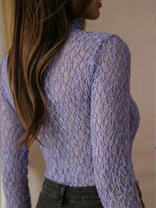 Women's Solid Color Lace Long Sleeve Fitted Fashionable Top - Mauve Purple - View 5