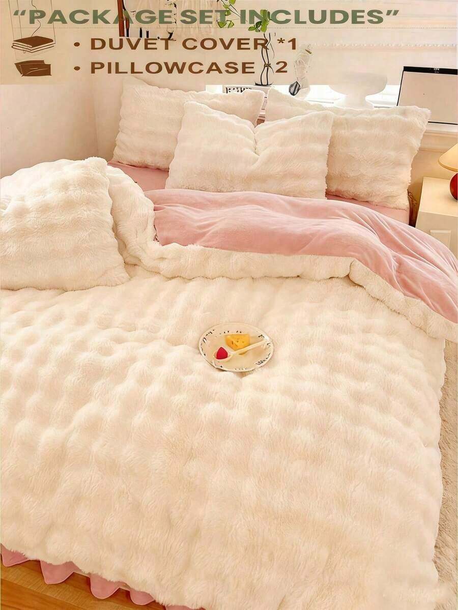3pcs Cream White Plush Crystal Velvet Duvet Cover Set, Suitable For Bedroom, Warm Duvet Cover & Pillow Case, Machine Washable - 白色 - 查看 1
