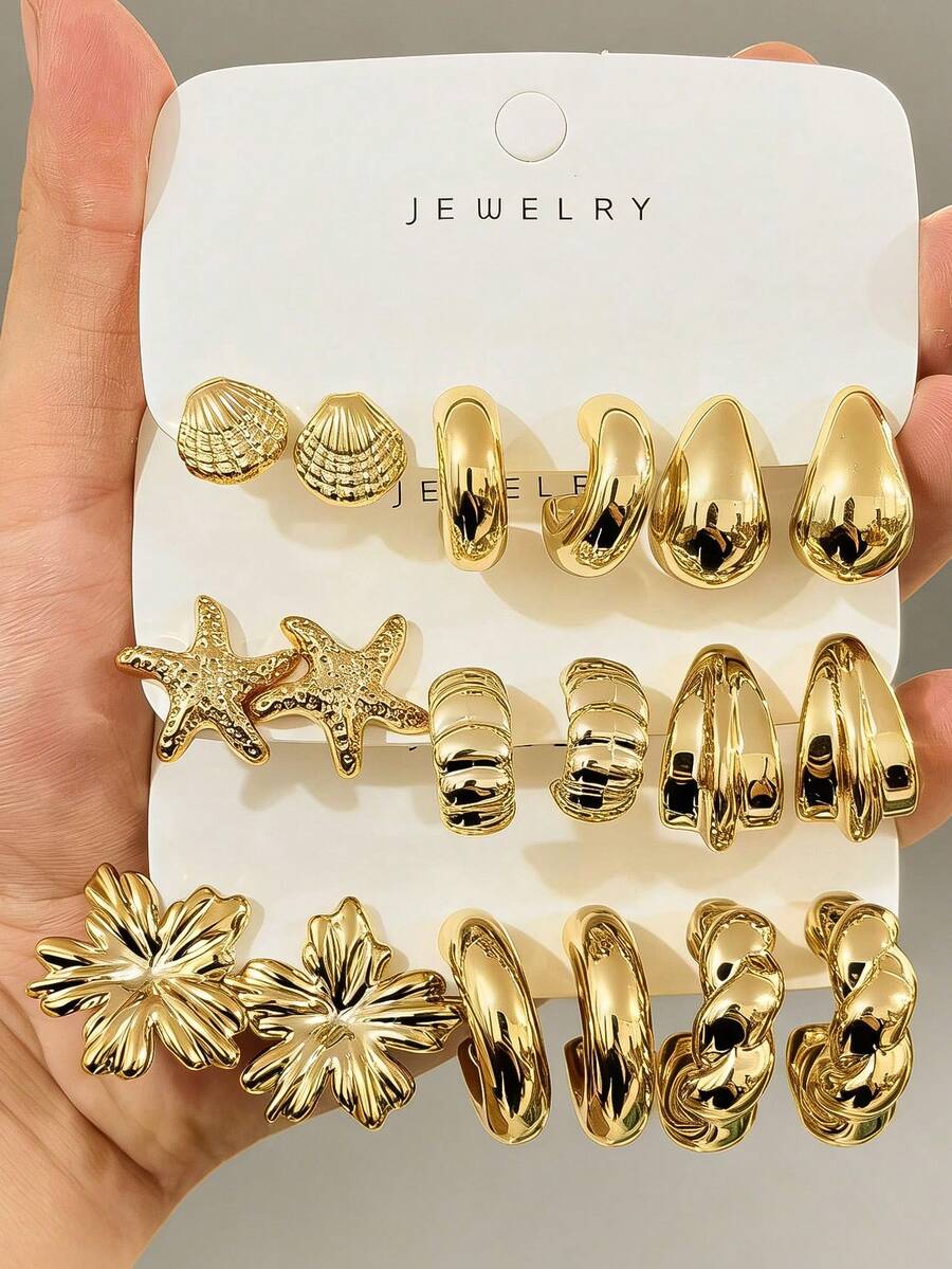 6/18pcs New Stylish Lightweight Multi-Element Earrings, Suitable For Daily Wear All Year Round, Thick Marine Series Earrings, Low Allergy For Women. Includes Starfish, Small Seashell, Five-Petal Flower, Small C-Shape, Medium C-Shape, Water Drop, Twisted C-Shape - Gold - View 1