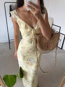 ALA 女士夏季奶油黄性感 Y2K 印花 V 领网纱荷叶边宽肩带修身鱼尾连衣裙，适合复活节派对、夏季假期、海岛度假、婚礼宾客、节日、派对、海滩等场合。 - Butter Yellow - 查看 5