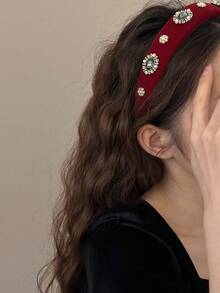 1 chiếc băng đô bản rộng cao cấp đính ngọc trai và kim cương dành cho nữ, thích hợp cho tiệc sinh nhật, hẹn hò, đám cưới và các dịp khác. - Màu Đỏ Sâu - Xem 1