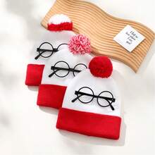 暖红色和白色“威利在哪里？”针织帽和无框眼镜，角色扮演游戏，节日派对礼物，冬季男女通用情人节圣诞帽 - 彩色 - 查看 5