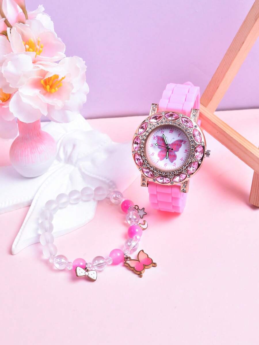 2件套学生礼物，柔软硅胶表带，奢华水晶蝴蝶石英表，搭配弹性串珠手链，时尚女表