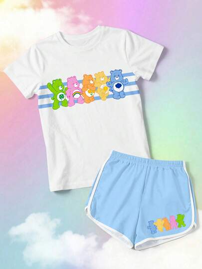 SHEIN | Care Bears Bộ áo thun và quần short nữ hợp tác thiết kế, kết hợp các yếu tố hợp tác để tạo nên một bộ trang phục năng động và thời trang.