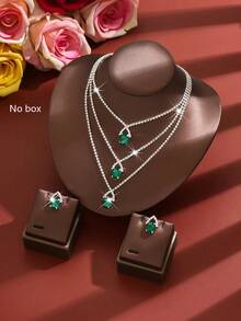 1 Set High-Quality Red Ruby Crystal Necklace And Earrings Set, Sparkling Rhinestone Multi-Layer Accessories, Fashionable For Women's Daily Wear, Parties, Valentine's Day - Green - View 1