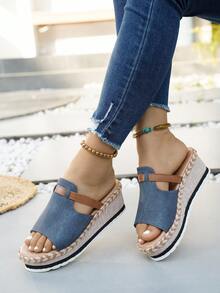 Women's Straw Wedge Rope Open Toe Slippers, Thick Sole Elevated Summer Outdoor Sandals - Royal Blue - View 4