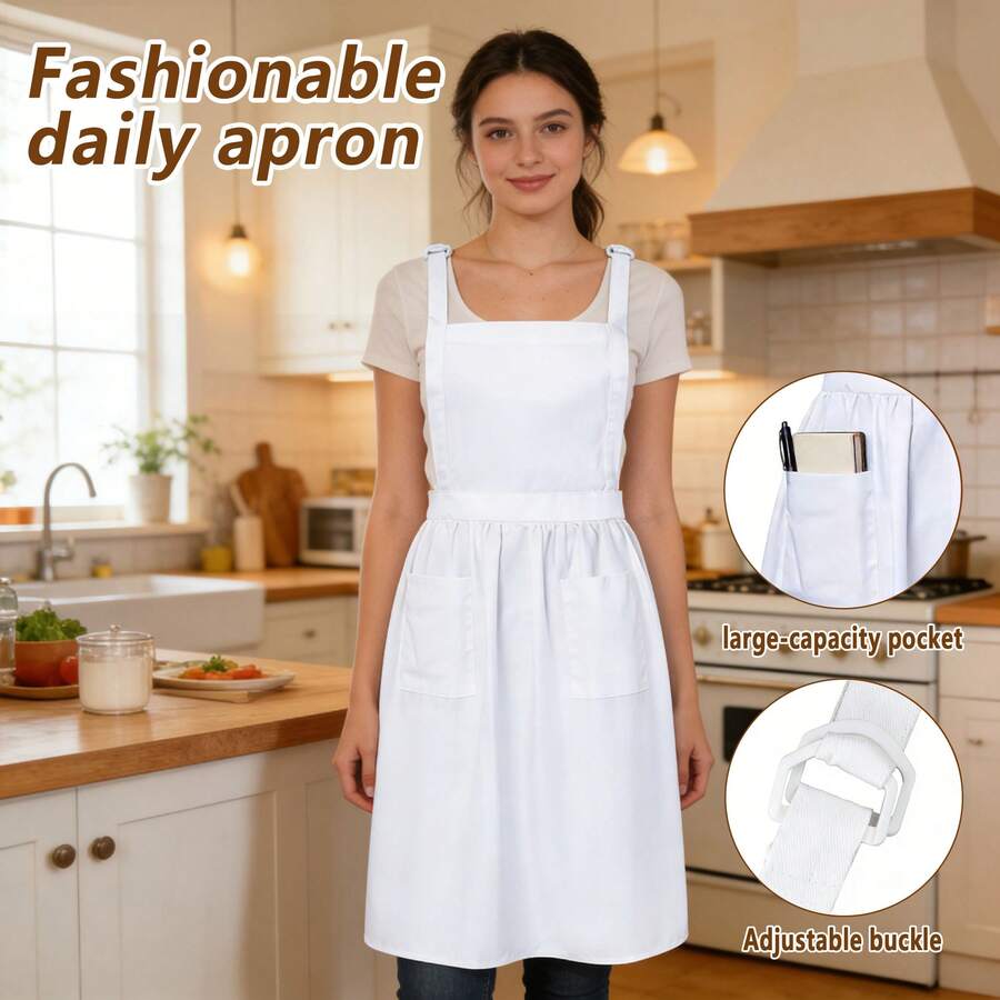 Tạp dề trắng kiểu cổ điển dành cho nữ, có 2 túi lớn, tạp dề yếm điều chỉnh được, thích hợp cho nấu ăn, làm bánh, dọn dẹp, hoặc làm người hầu gái - Chiếc tạp dề yếm thời trang này rất lý tưởng cho việc nấu nướng và dọn dẹp, là món quà tuyệt vời cho Ngày của Mẹ. - Tạp dải dài - Xem 1