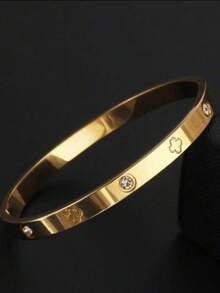 1 pieza Brazalete de acero de titanio, pulido tipo espejo, chapado al vacío, no se descolora fácilmente, trébol de cuatro hojas con cristal, estilo clásico de moda, adecuado para uso diario, regalo de San Valentín - Dorado - Ver 2