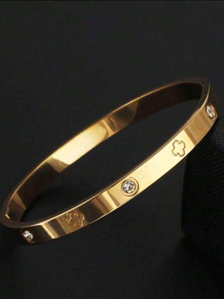 1 pieza Brazalete de acero de titanio, pulido tipo espejo, chapado al vacío, no se descolora fácilmente, trébol de cuatro hojas con cristal, estilo clásico de moda, adecuado para uso diario, regalo de San Valentín