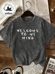 大码女式水洗棉短袖T恤，骷髅标语印花，复古宽松版型，Y2K街头风休闲黑色 - 黑色 - 查看 9