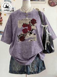 Plus Size Casual Washed Red Rose Print Round Neck T-Shirt, Summer - Mauve Purple - View 1