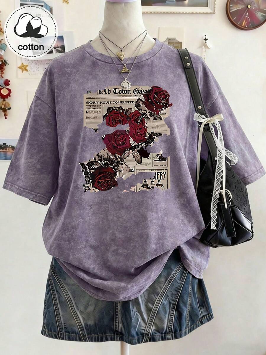 Plus Size Casual Washed Red Rose Print Round Neck T-Shirt, Summer - Mauve Purple - View 1