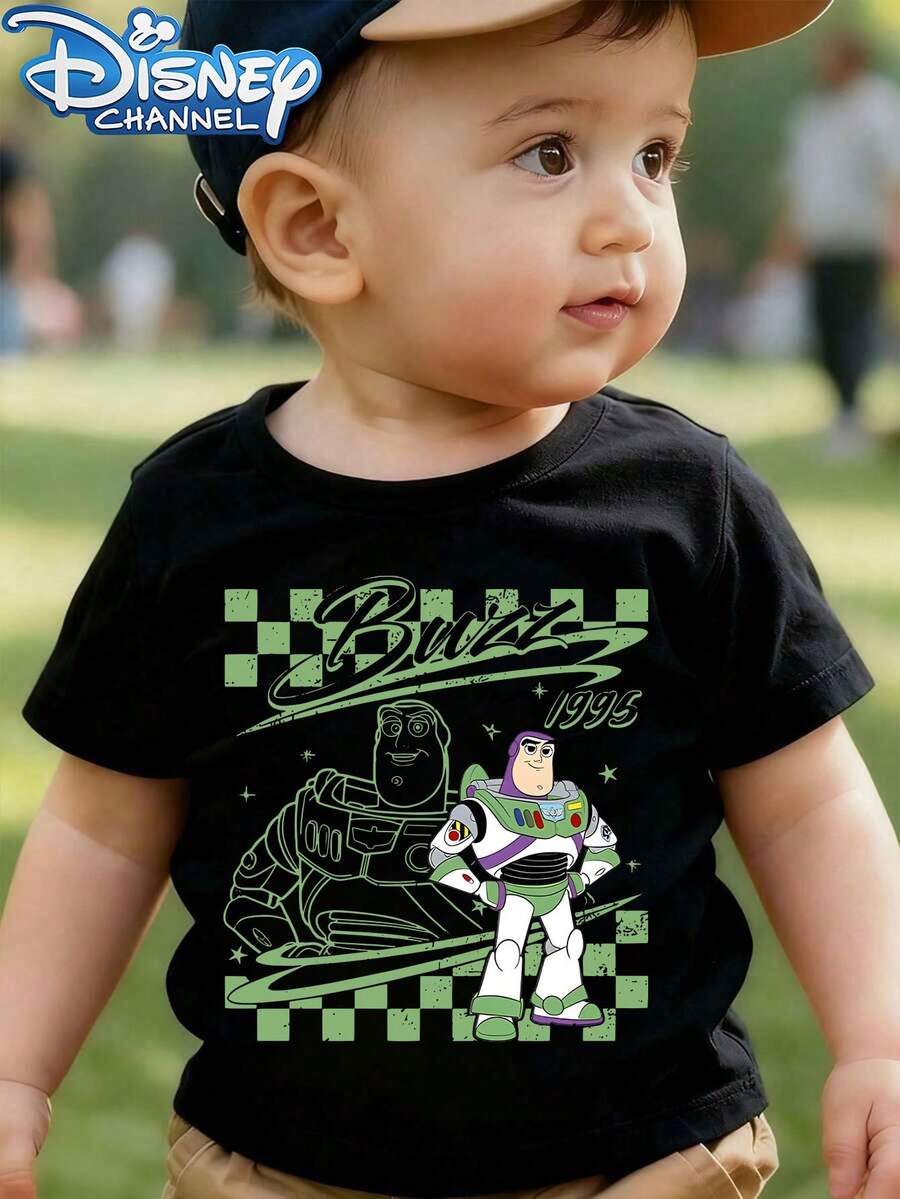 Disney Casual And Simple Round-Neck Short-Sleeve T-Shirt Features A 1995 Buzz Lightyear Pattern From Toy Story, Designed Specifically For Infants And Toddlers, Suitable For Both Boys And Girls, Making It An Ideal Choice For Summer Wear. - 黑色 - 查看 1